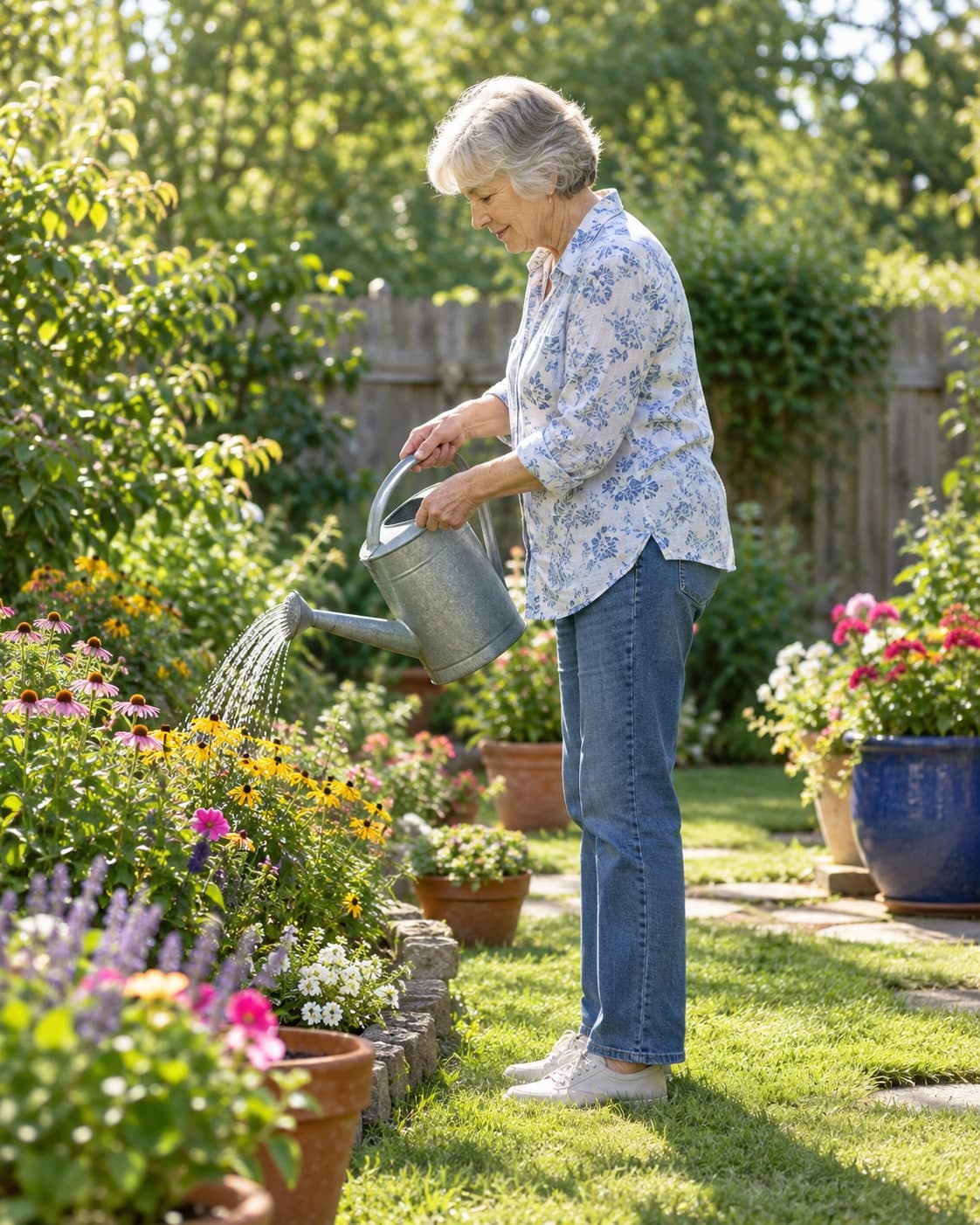 An older woman watering flowers in a backyard garden.