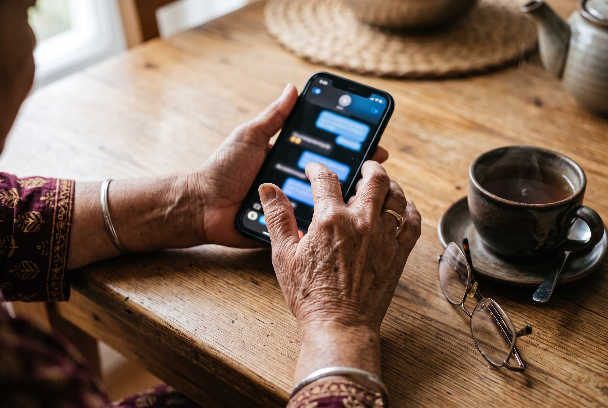 An older person's hands holding a phone with a text conversation on the screen.