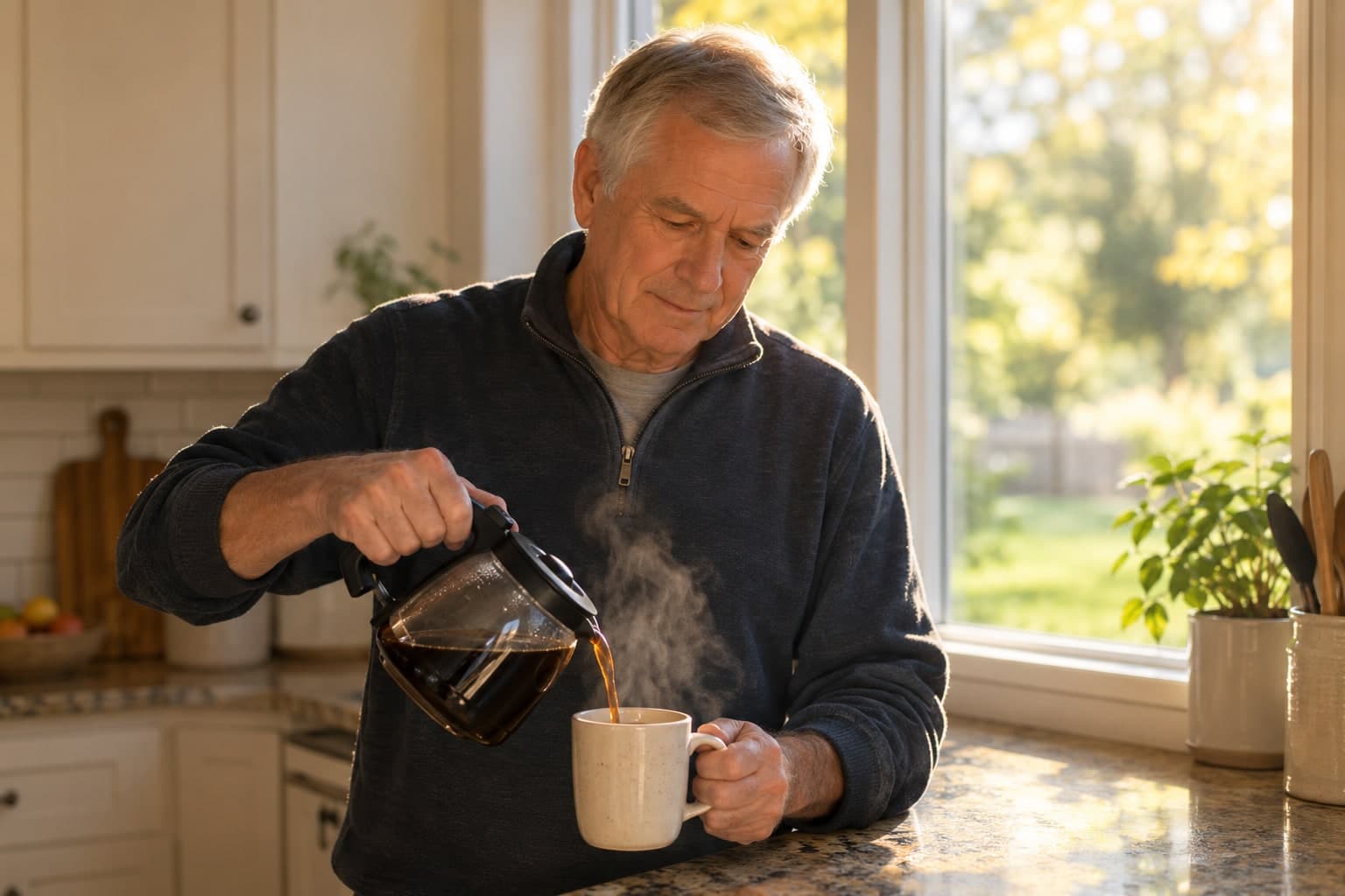 An older man pouring a cup of coffee at a kitchen window in the morning.