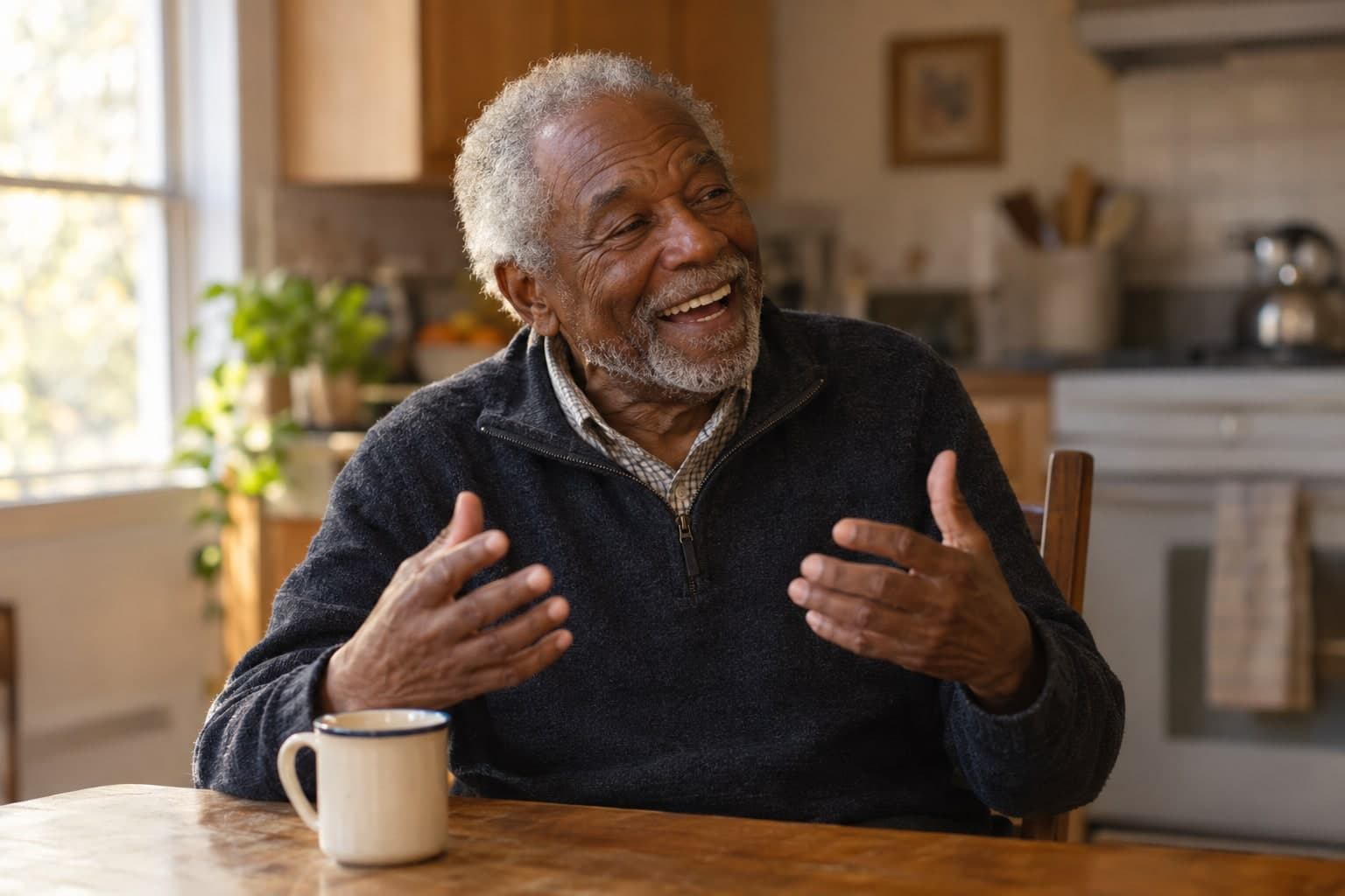 An older man at a kitchen table, laughing while telling a story.
