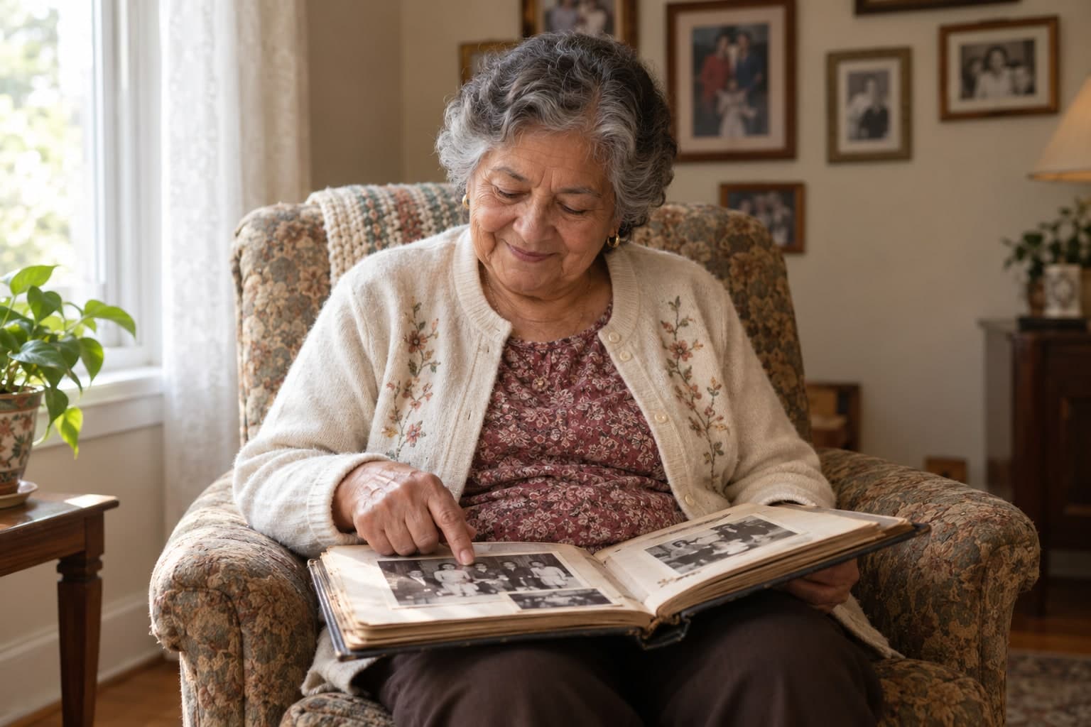 An older woman in an armchair looking at an old photo album.