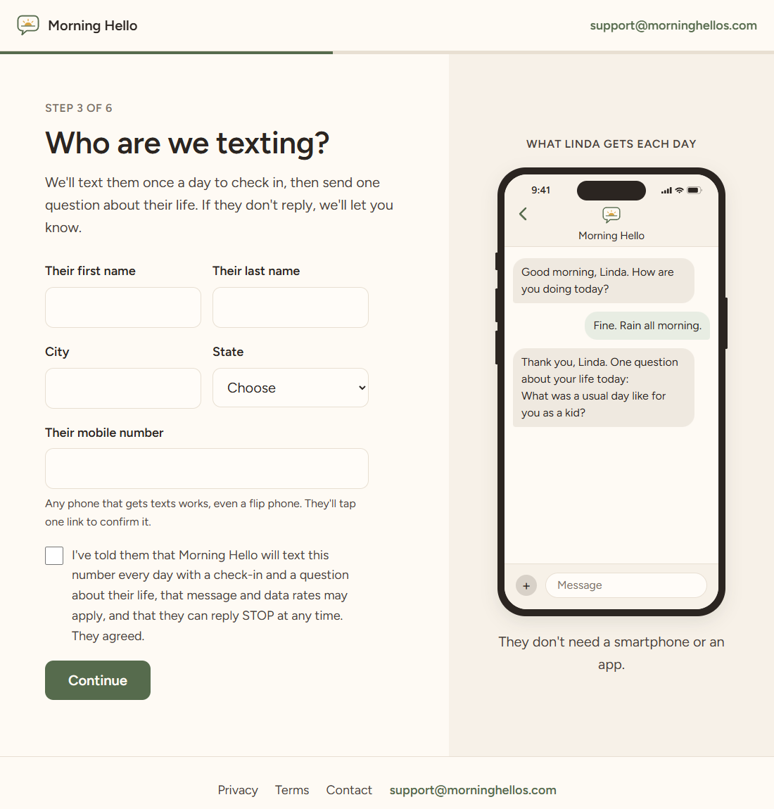 The signup step where the account holder enters the recipient's name and mobile number, with the attestation checkbox and its wording beneath the field.
