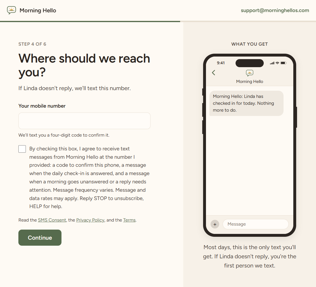 The signup step where the account holder enters their mobile number, with the consent checkbox and its wording beneath the field.